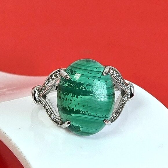925 Sterling Silver Ring Sz 8.5 with Natural Malachite & CZ - Picture 4 of 13